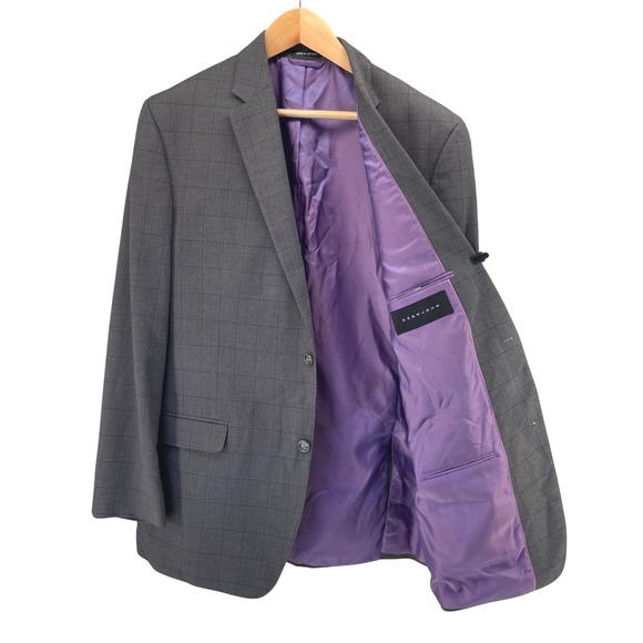 Sean John Other - Sean John Mens 44L Blazer Charcoal Indigo Windowpane Purple Lining Suit Jacket